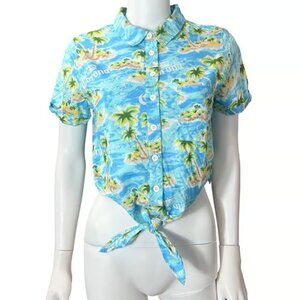Corona Shirt Womens M Blue Cotton Tie Front Hawaiian Print Short Sleeve